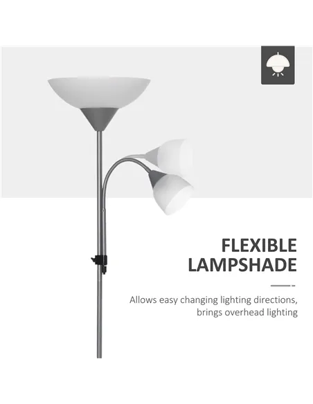 HOMCOM LED Floor Lamp for Living Room, 180cm Tall Standing Lamp, Mother and Child Uplighter with Adjustable Gooseneck, Silver To
