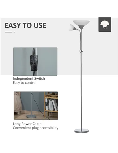 HOMCOM LED Floor Lamp for Living Room, 180cm Tall Standing Lamp, Mother and Child Uplighter with Adjustable Gooseneck, Silver To