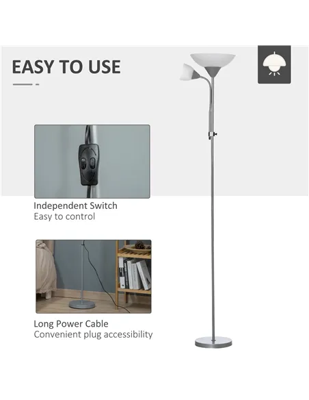 HOMCOM LED Floor Lamp for Living Room, 180cm Tall Standing Lamp, Mother and Child Uplighter with Adjustable Gooseneck, Silver To