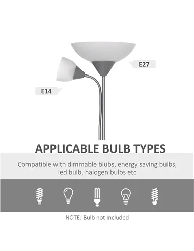 HOMCOM LED Floor Lamp for Living Room, 180cm Tall Standing Lamp, Mother and Child Uplighter with Adjustable Gooseneck, Silver To