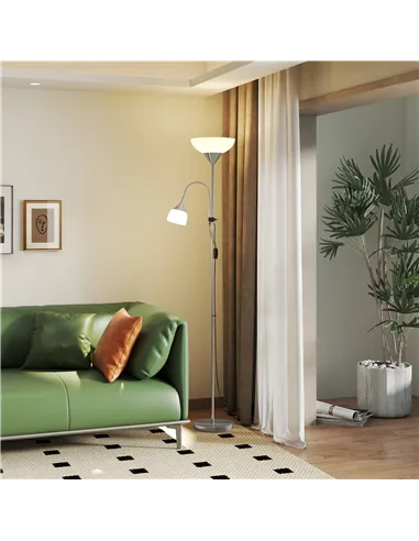 HOMCOM LED Floor Lamp for Living Room, 180cm Tall Standing Lamp, Mother and Child Uplighter with Adjustable Gooseneck, Silver To