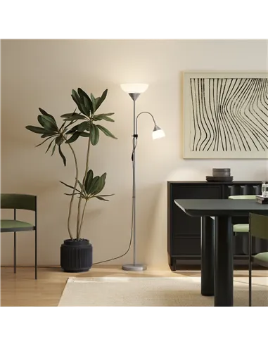 HOMCOM LED Floor Lamp for Living Room, 180cm Tall Standing Lamp, Mother and Child Uplighter with Adjustable Gooseneck, Silver To