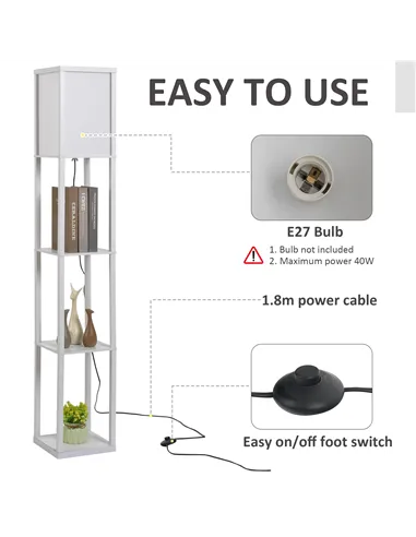 HOMCOM 3-Tier Floor Lamp, Floor Light with Storage Shelf, Reading Standing Lamp with Acrylic Shade for Living Room, Bedroom, Kit