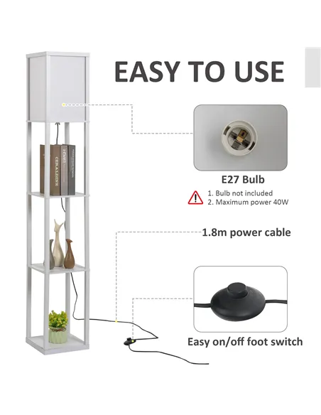 HOMCOM 3-Tier Floor Lamp, Floor Light with Storage Shelf, Reading Standing Lamp with Acrylic Shade for Living Room, Bedroom, Kit