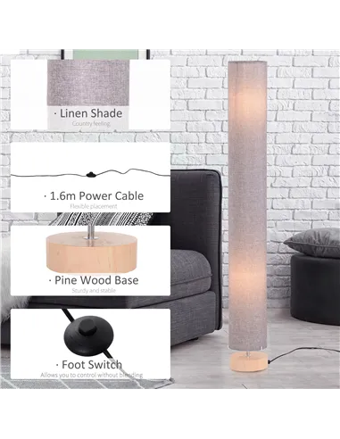 HOMCOM Floor Lamp for Living Room, 47" Modern Standing Lamp with Linen Shade, Wooden Base, Grey