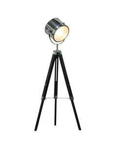 HOMCOM Industrial Style Adjustable Tripod Floor Lamp, Searchlight Lamp with Wooden Legs and Steel Lampshade, 110-155cm, Black