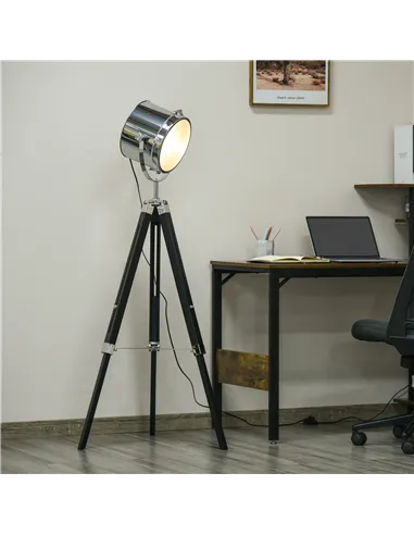 HOMCOM Industrial Style Adjustable Tripod Floor Lamp, Searchlight Lamp with Wooden Legs and Steel Lampshade, 110-155cm, Black