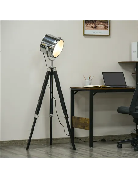 HOMCOM Industrial Style Adjustable Tripod Floor Lamp, Searchlight Lamp with Wooden Legs and Steel Lampshade, 110-155cm, Black