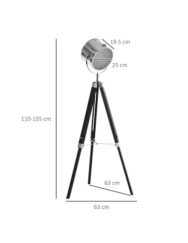 HOMCOM Industrial Style Adjustable Tripod Floor Lamp, Searchlight Lamp with Wooden Legs and Steel Lampshade, 110-155cm, Black