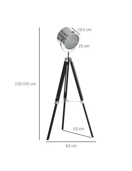 HOMCOM Industrial Style Adjustable Tripod Floor Lamp, Searchlight Lamp with Wooden Legs and Steel Lampshade, 110-155cm, Black