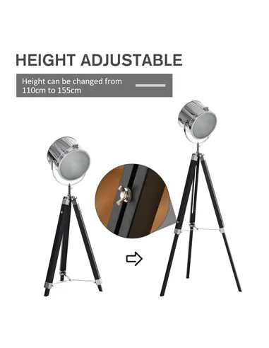 HOMCOM Industrial Style Adjustable Tripod Floor Lamp, Searchlight Lamp with Wooden Legs and Steel Lampshade, 110-155cm, Black