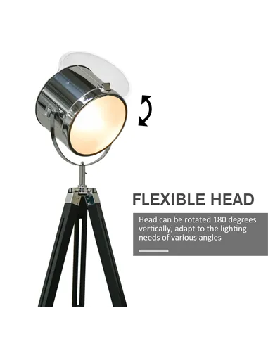 HOMCOM Industrial Style Adjustable Tripod Floor Lamp, Searchlight Lamp with Wooden Legs and Steel Lampshade, 110-155cm, Black