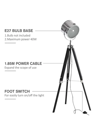 HOMCOM Industrial Style Adjustable Tripod Floor Lamp, Searchlight Lamp with Wooden Legs and Steel Lampshade, 110-155cm, Black