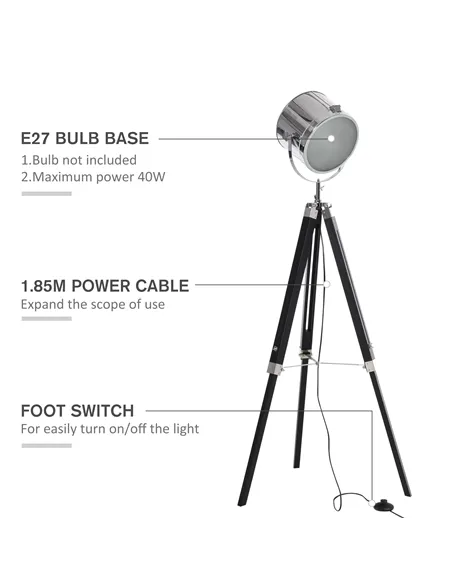HOMCOM Industrial Style Adjustable Tripod Floor Lamp, Searchlight Lamp with Wooden Legs and Steel Lampshade, 110-155cm, Black