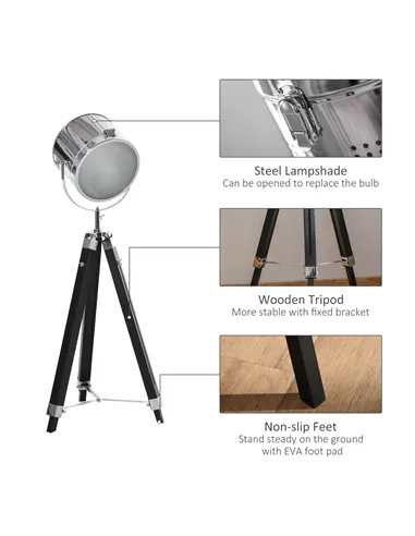 HOMCOM Industrial Style Adjustable Tripod Floor Lamp, Searchlight Lamp with Wooden Legs and Steel Lampshade, 110-155cm, Black