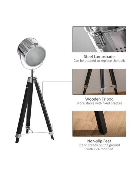 HOMCOM Industrial Style Adjustable Tripod Floor Lamp, Searchlight Lamp with Wooden Legs and Steel Lampshade, 110-155cm, Black