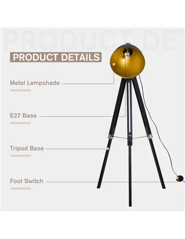 HOMCOM Tripod Floor Lamp, Spotlight Reading Lamp w/ Adjustable Height, Angle, Wood Legs for Living Room, Bedroom, Home, Office, 