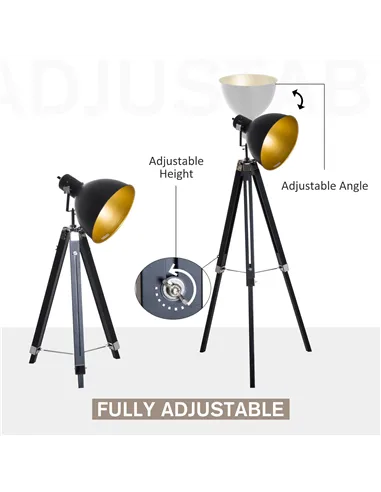 HOMCOM Tripod Floor Lamp, Spotlight Reading Lamp w/ Adjustable Height, Angle, Wood Legs for Living Room, Bedroom, Home, Office, 