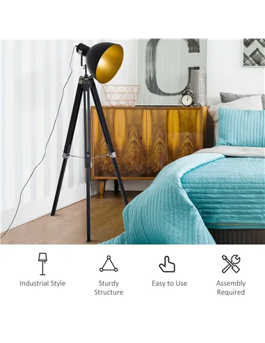 HOMCOM Tripod Floor Lamp, Spotlight Reading Lamp w/ Adjustable Height, Angle, Wood Legs for Living Room, Bedroom, Home, Office, 