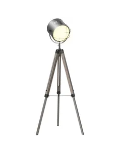 HOMCOM Floor Lamp with Adjustable Tripod for Living Room Bedroom, Vintage Spotlight Reading Lamp with Wood Legs, 115-155cm, Grey