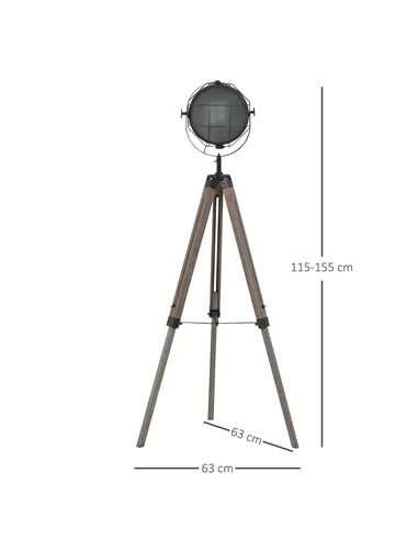 HOMCOM Floor Lamp with Adjustable Tripod for Living Room Bedroom, Vintage Spotlight Reading Lamp with Wood Legs, 115-155cm, Grey