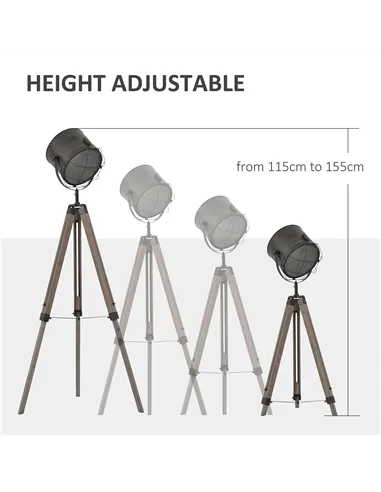HOMCOM Floor Lamp with Adjustable Tripod for Living Room Bedroom, Vintage Spotlight Reading Lamp with Wood Legs, 115-155cm, Grey