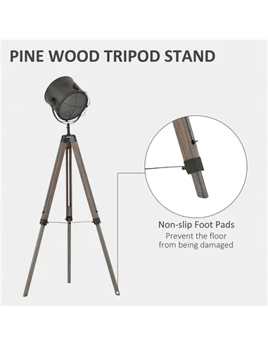 HOMCOM Floor Lamp with Adjustable Tripod for Living Room Bedroom, Vintage Spotlight Reading Lamp with Wood Legs, 115-155cm, Grey