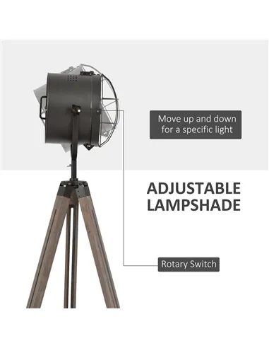 HOMCOM Floor Lamp with Adjustable Tripod for Living Room Bedroom, Vintage Spotlight Reading Lamp with Wood Legs, 115-155cm, Grey