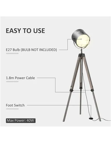 HOMCOM Floor Lamp with Adjustable Tripod for Living Room Bedroom, Vintage Spotlight Reading Lamp with Wood Legs, 115-155cm, Grey