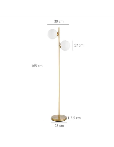 HOMCOM 2 Lights Tree Floor Lamp for Living Room with Globe Lampshade, Standing Lamp for Bedroom, Bulb not Included, Gold Tone