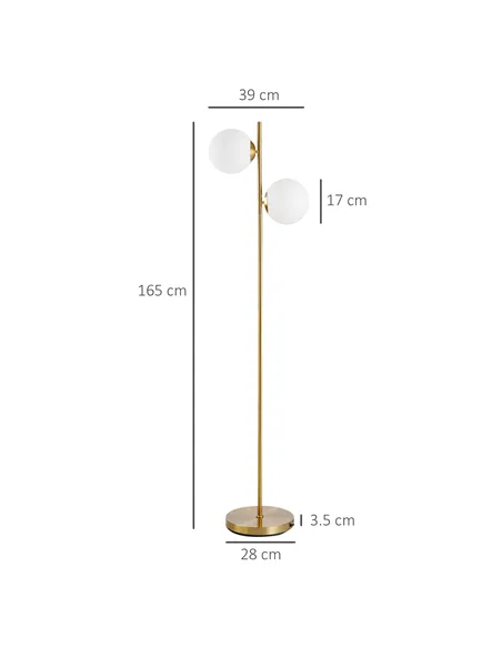 HOMCOM 2 Lights Tree Floor Lamp for Living Room with Globe Lampshade, Standing Lamp for Bedroom, Bulb not Included, Gold Tone