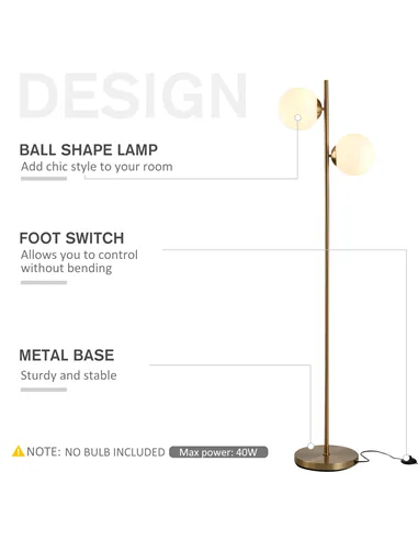 HOMCOM 2 Lights Tree Floor Lamp for Living Room with Globe Lampshade, Standing Lamp for Bedroom, Bulb not Included, Gold Tone