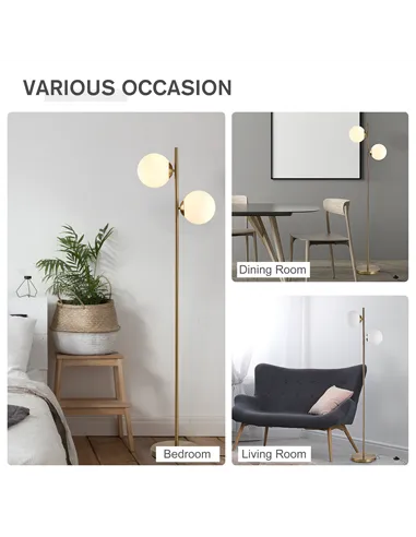 HOMCOM 2 Lights Tree Floor Lamp for Living Room with Globe Lampshade, Standing Lamp for Bedroom, Bulb not Included, Gold Tone