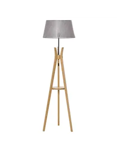 HOMCOM Natural Wood Tripod Floor Lamp Light E27 Base Bedroom Living Room Fabric Shade Storage Shelf Foot Switch, 156cm, Grey