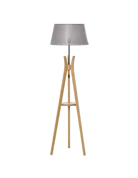 HOMCOM Natural Wood Tripod Floor Lamp Light E27 Base Bedroom Living Room Fabric Shade Storage Shelf Foot Switch, 156cm, Grey