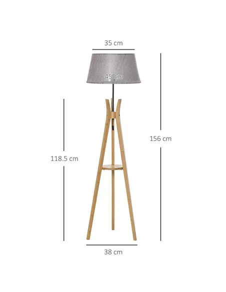 HOMCOM Natural Wood Tripod Floor Lamp Light E27 Base Bedroom Living Room Fabric Shade Storage Shelf Foot Switch, 156cm, Grey