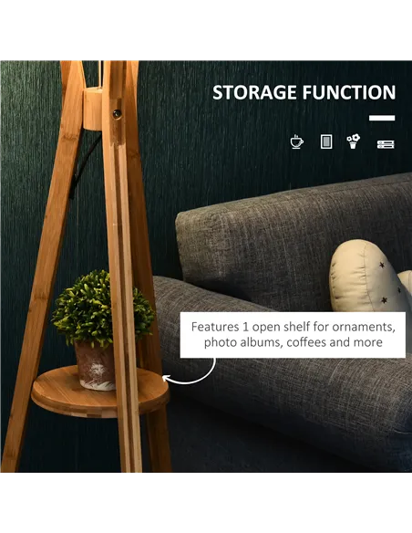 HOMCOM Natural Wood Tripod Floor Lamp Light E27 Base Bedroom Living Room Fabric Shade Storage Shelf Foot Switch, 156cm, Grey