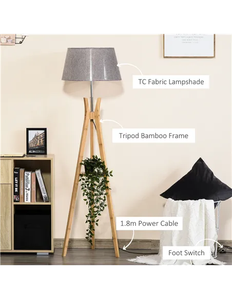 HOMCOM Natural Wood Tripod Floor Lamp Light E27 Base Bedroom Living Room Fabric Shade Storage Shelf Foot Switch, 156cm, Grey