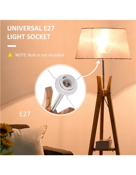 HOMCOM Natural Wood Tripod Floor Lamp Light E27 Base Bedroom Living Room Fabric Shade Storage Shelf Foot Switch, 156cm, Grey