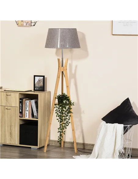 HOMCOM Natural Wood Tripod Floor Lamp Light E27 Base Bedroom Living Room Fabric Shade Storage Shelf Foot Switch, 156cm, Grey