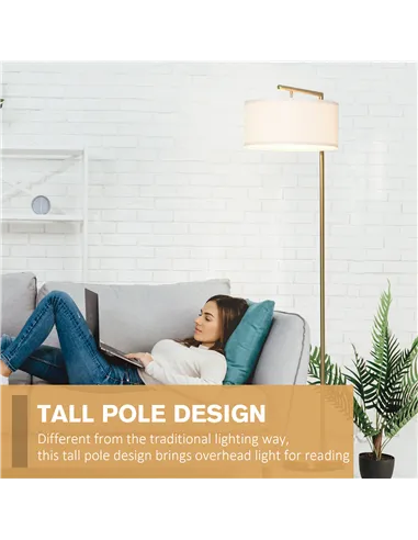 HOMCOM Floor Lamp, Modern Standing Light with Linen Lampshade, Round Base for Living Room, Bedroom, Dining Room, 153cm, Gold and