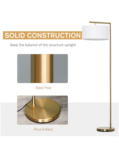 HOMCOM Floor Lamp, Modern Standing Light with Linen Lampshade, Round Base for Living Room, Bedroom, Dining Room, 153cm, Gold and