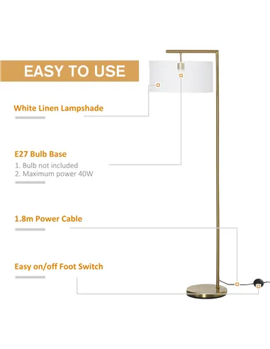 HOMCOM Floor Lamp, Modern Standing Light with Linen Lampshade, Round Base for Living Room, Bedroom, Dining Room, 153cm, Gold and