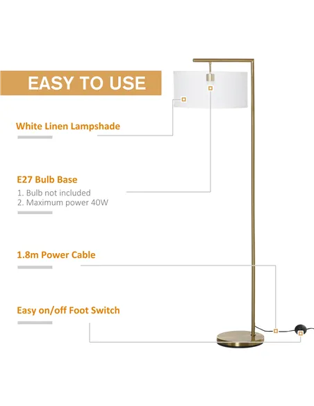 HOMCOM Floor Lamp, Modern Standing Light with Linen Lampshade, Round Base for Living Room, Bedroom, Dining Room, 153cm, Gold and