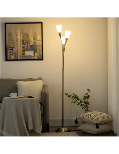 HOMCOM 3-Light Upright Floor Lamps for Living Room, Modern Standing Lamp for Bedroom with Steel Base, Bulb not Included, Silver