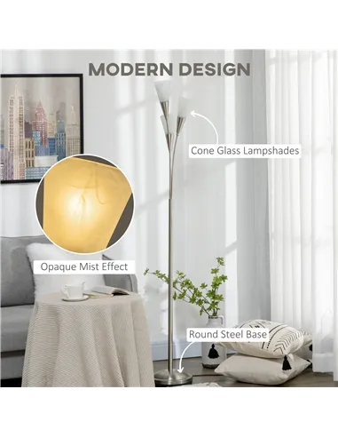 HOMCOM 3-Light Upright Floor Lamps for Living Room, Modern Standing Lamp for Bedroom with Steel Base, Bulb not Included, Silver