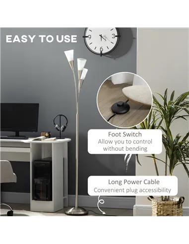 HOMCOM 3-Light Upright Floor Lamps for Living Room, Modern Standing Lamp for Bedroom with Steel Base, Bulb not Included, Silver