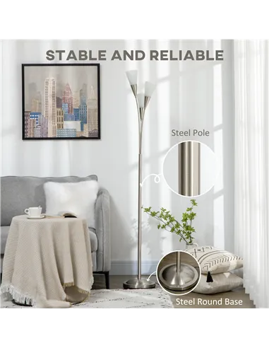 HOMCOM 3-Light Upright Floor Lamps for Living Room, Modern Standing Lamp for Bedroom with Steel Base, Bulb not Included, Silver