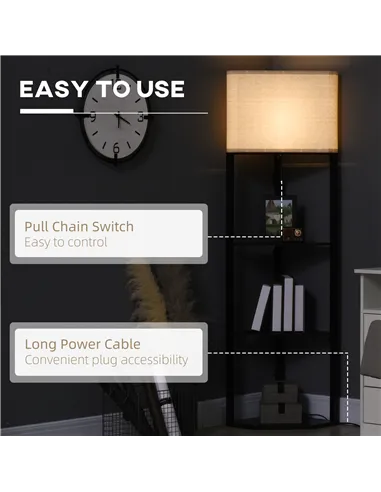 HOMCOM Corner Floor Lamp with Shelves, Modern Tall Standing Lamps for Living Room, Bedroom, with Chain Switch Bulb not Included,