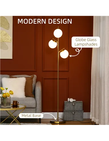 HOMCOM 3-Light Tree Floor Lamps for Living Room, Modern Standing Lamp for Bedroom with Globe Lampshade, Steel Base, Bulb not Inc